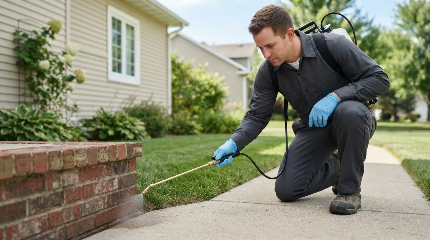 Pest control technician treating a home near Texhoma, OK